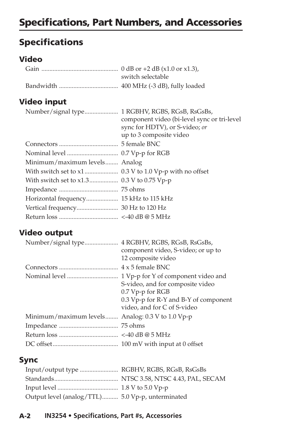 Specifications, Specifications, part numbers, and accessories | Extron Electronics IN3254 User Guide User Manual | Page 14 / 19