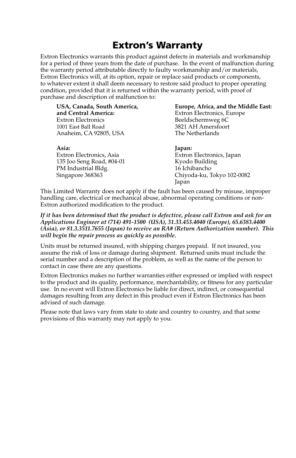 Extron’s warranty | Extron Electronics IN3254 User Guide User Manual | Page 18 / 19