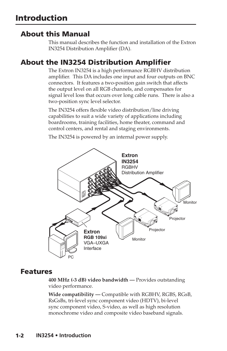 About this manual, About the in3254 distribution amplifier, Features | Introduction, In3254 • introduction, Extron in3254, Extron, Rgbhv distribution amplifier, Rgb 109xi vga–uxga interface | Extron Electronics IN3254 User Guide User Manual | Page 6 / 19