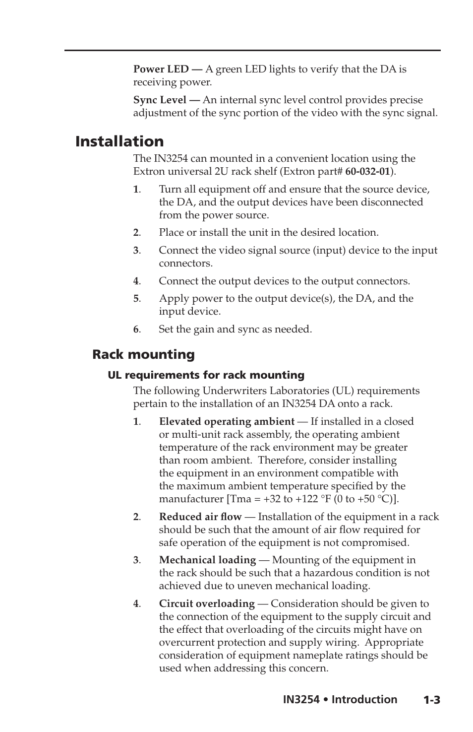 Installation, Rack mounting, Ul requirements for rack mounting | Rack mounting -3, Ul requirements for rack mounting -3 | Extron Electronics IN3254 User Guide User Manual | Page 7 / 19