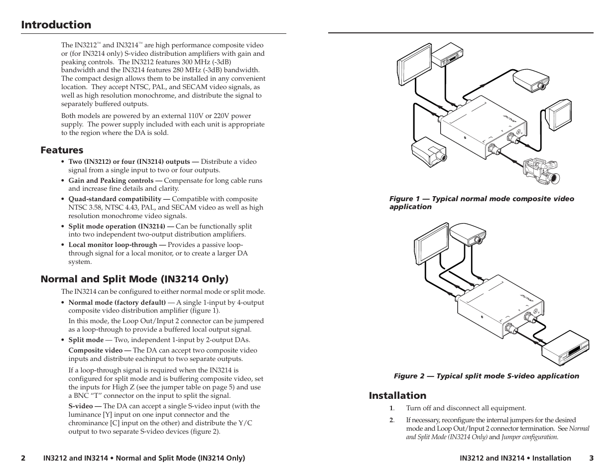 Installation, Introduction, Features | Normal and split mode (in3214 only) | Extron Electronics IN3214 User Manual | Page 2 / 5