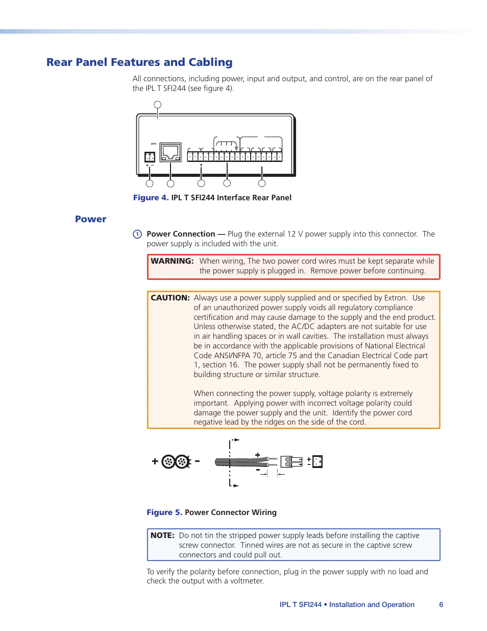 Rear panel features and cabling, Power, Figure 4. ipl t sfi244 interface rear panel | Ipl t sfi244 • installation and operation 6 | Extron Electronics IPL T SFI244 User Manual | Page 12 / 68