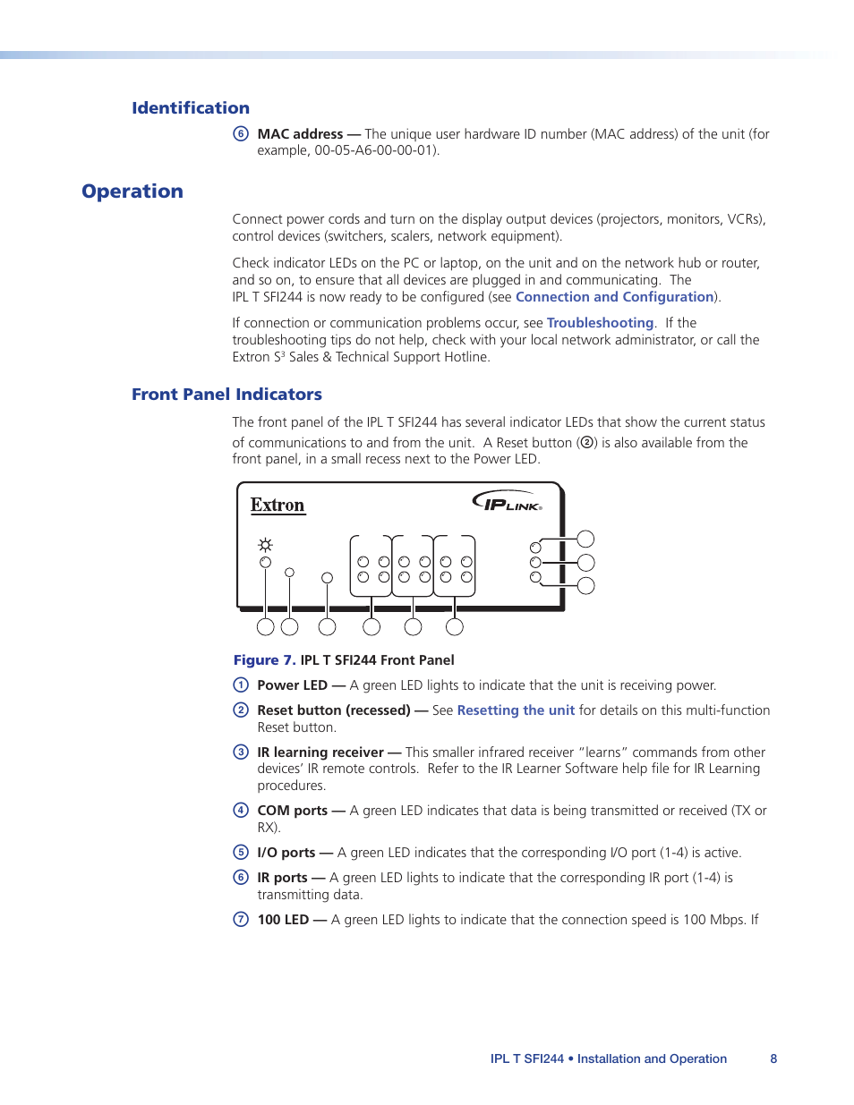 Identification, Operation, Front panel indicators | Extron Electronics IPL T SFI244 User Manual | Page 14 / 68