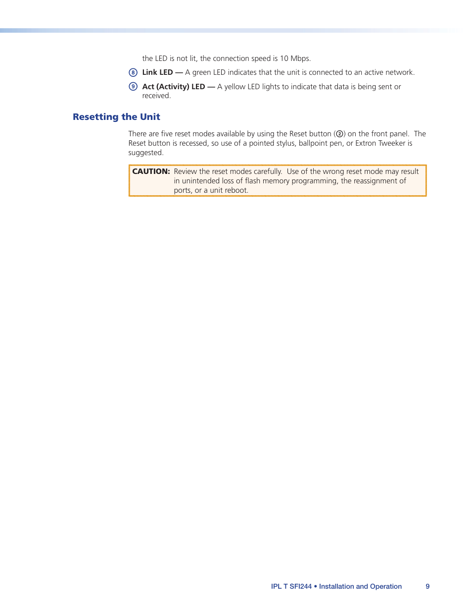 Resetting the unit | Extron Electronics IPL T SFI244 User Manual | Page 15 / 68