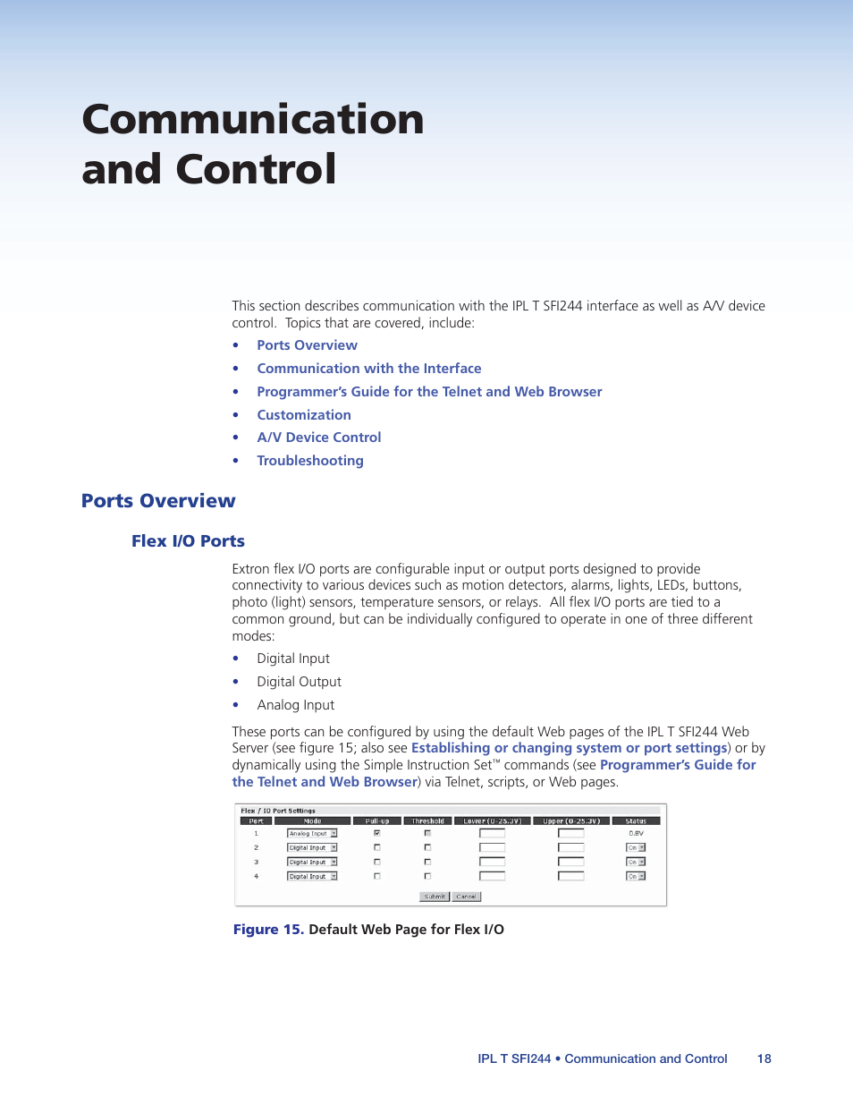 Communication and control, Ports overview, Flex i/o ports | Extron Electronics IPL T SFI244 User Manual | Page 24 / 68