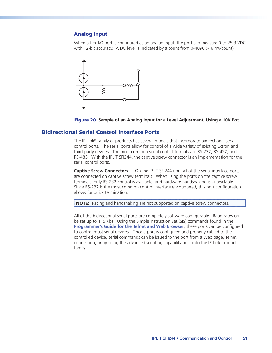 Bidirectional serial control interface ports, Bidirectional serial control, Interface ports | Analog input | Extron Electronics IPL T SFI244 User Manual | Page 27 / 68