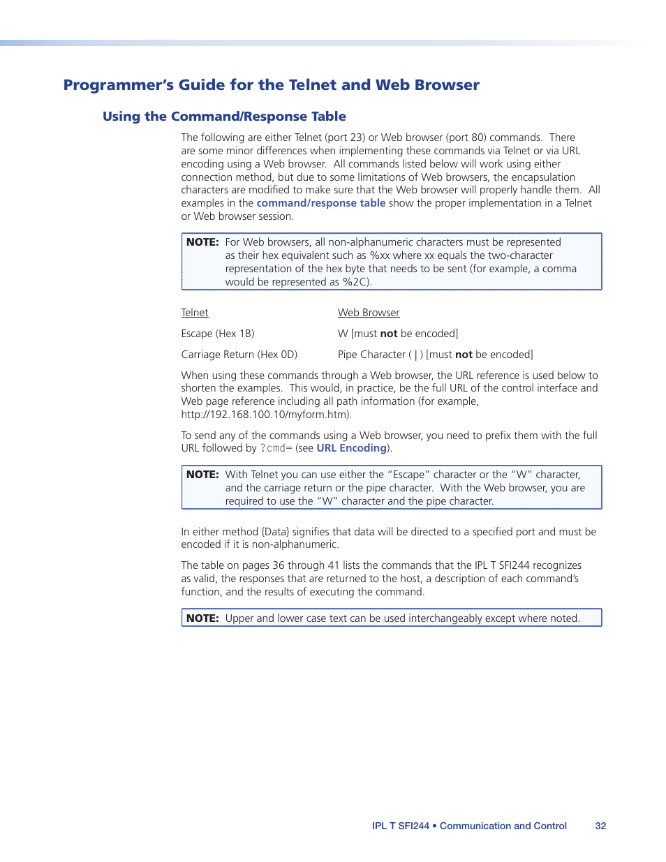 Programmer’s guide for the telnet and web browser, Using the command/response table, Programmer’s guide for the telnet and web | Browser, Commands (see, Programmer’s guide for, The telnet and web browser, Via t, Programmer’s guide for the telnet and, Web browser | Extron Electronics IPL T SFI244 User Manual | Page 38 / 68