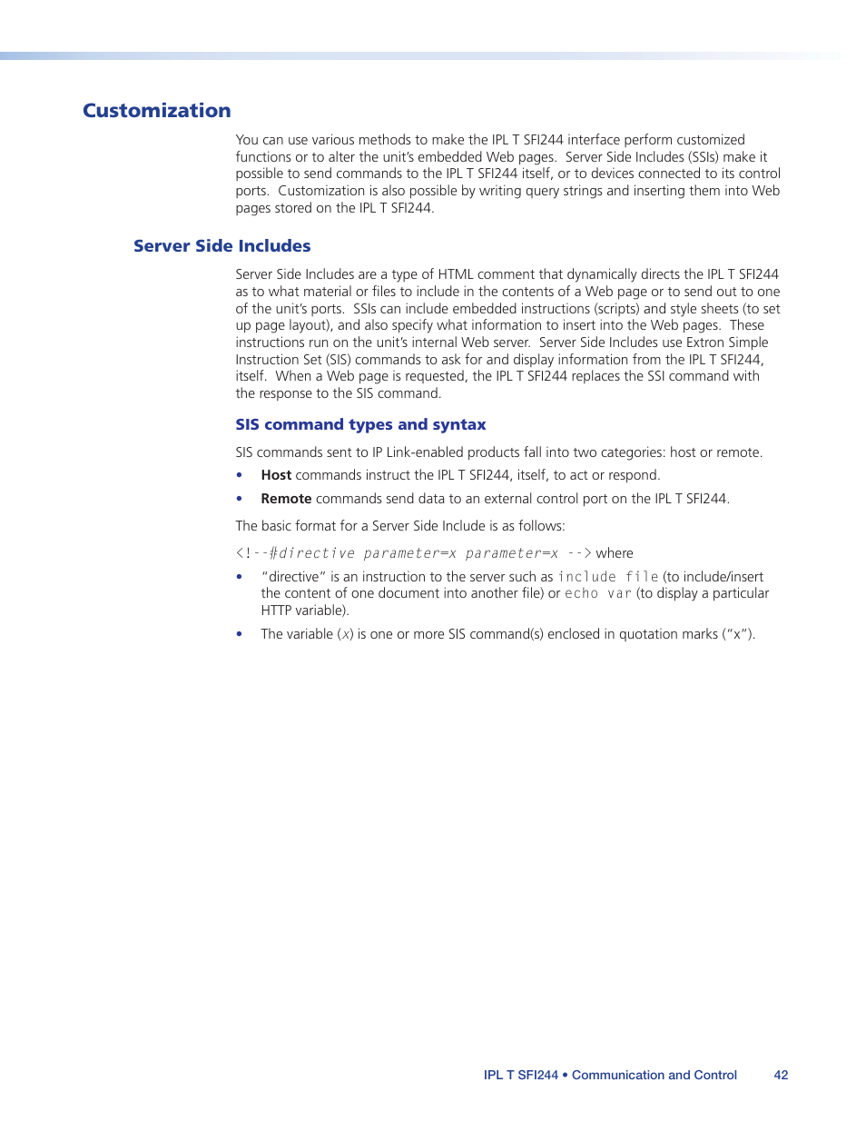 Customization, Server side includes | Extron Electronics IPL T SFI244 User Manual | Page 48 / 68