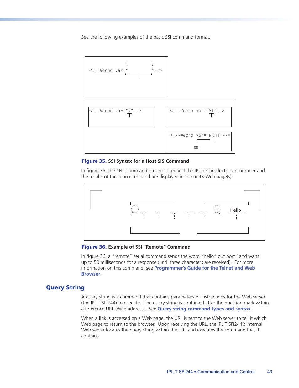 Query string, Server side include using a remote sis command, Hello | Extron Electronics IPL T SFI244 User Manual | Page 49 / 68