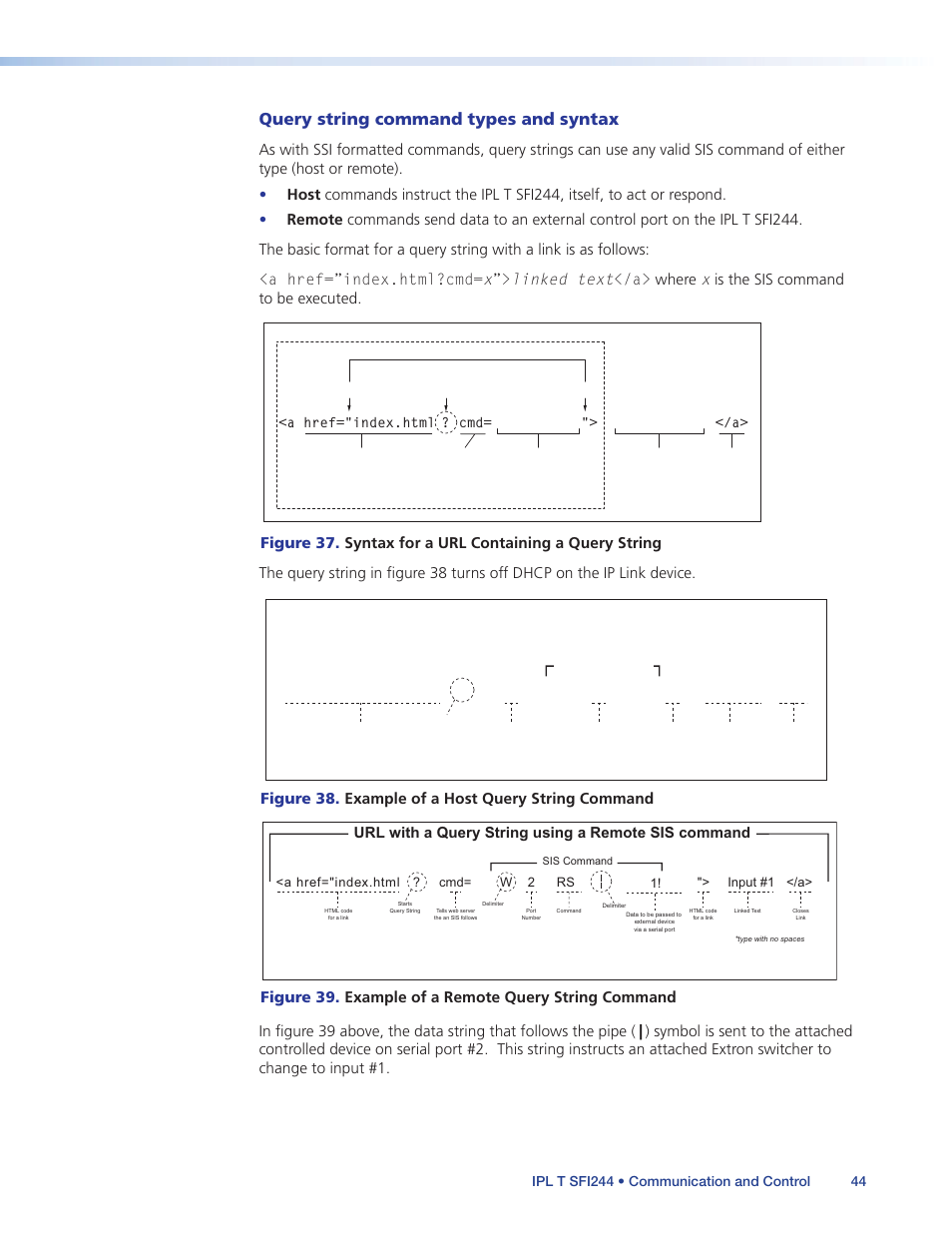 Query string command types and syntax, Url with a query string using a host sis command, A href="index.html | W0dh, Dhcp off, Figure 38. example of a host query string command, Url with a query string using a remote sis command | Extron Electronics IPL T SFI244 User Manual | Page 50 / 68
