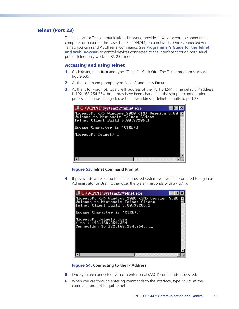 Telnet (port 23), Accessing and using telnet, For instructions on how to | Extron Electronics IPL T SFI244 User Manual | Page 59 / 68