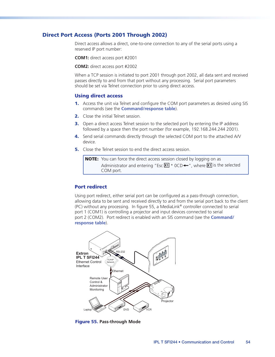 Direct port access (ports 2001 through 2002), Direct port access (ports 2001, Through 2002) | Using direct access, Port redirect | Extron Electronics IPL T SFI244 User Manual | Page 60 / 68