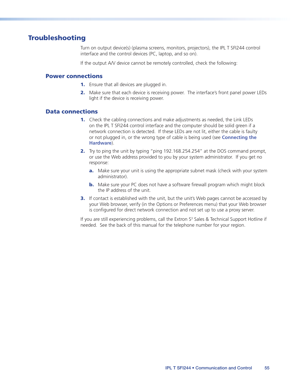 Troubleshooting, Power connections, Data connections | Power connections data connections, If the | Extron Electronics IPL T SFI244 User Manual | Page 61 / 68