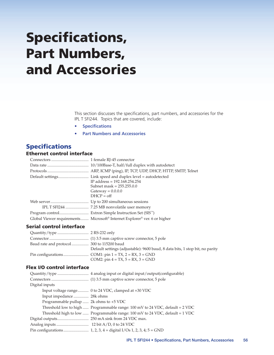 Specifications, part numbers, and accessories, Specifications, Specifications, part numbers, and | Accessories | Extron Electronics IPL T SFI244 User Manual | Page 62 / 68