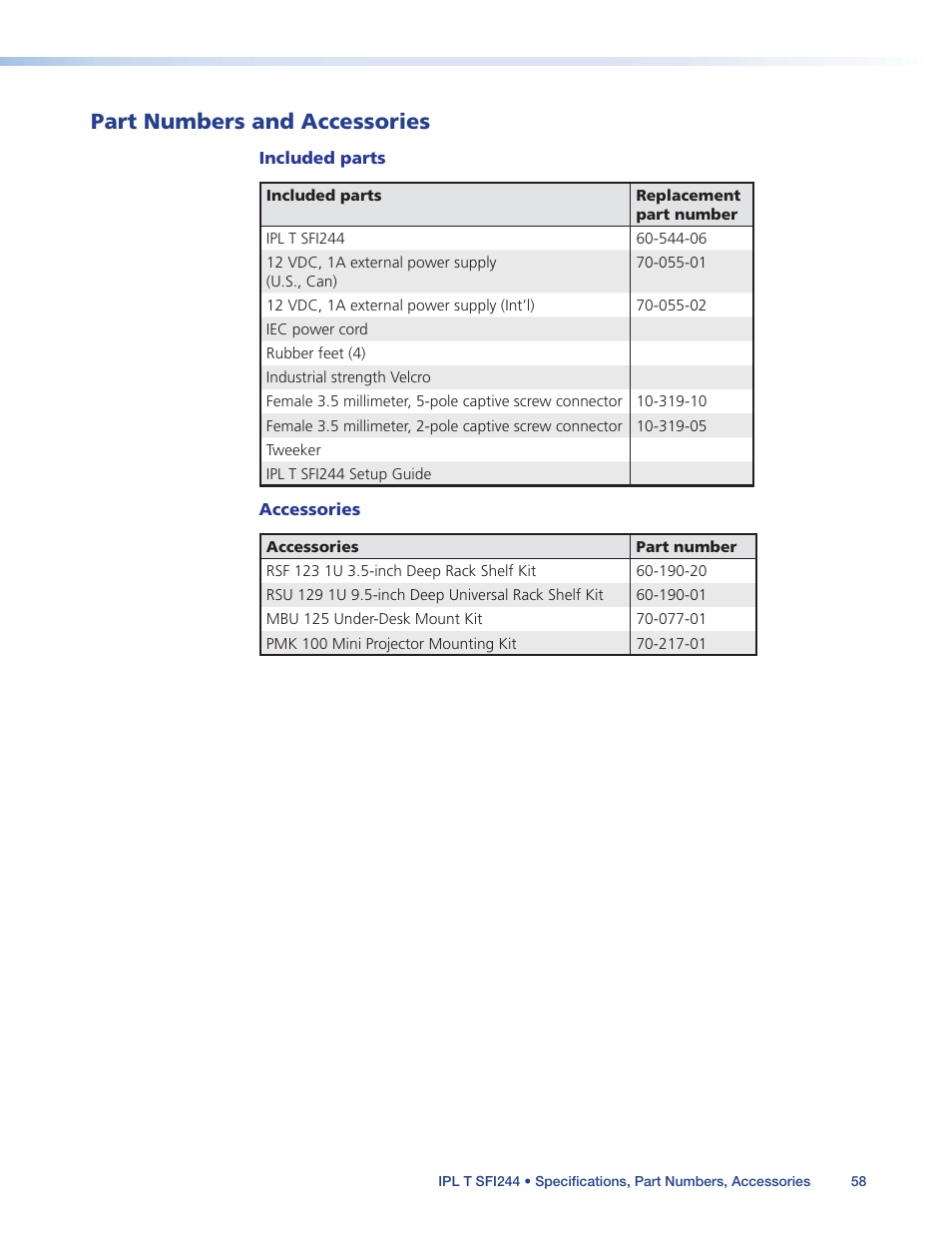 Part numbers and accessories | Extron Electronics IPL T SFI244 User Manual | Page 64 / 68