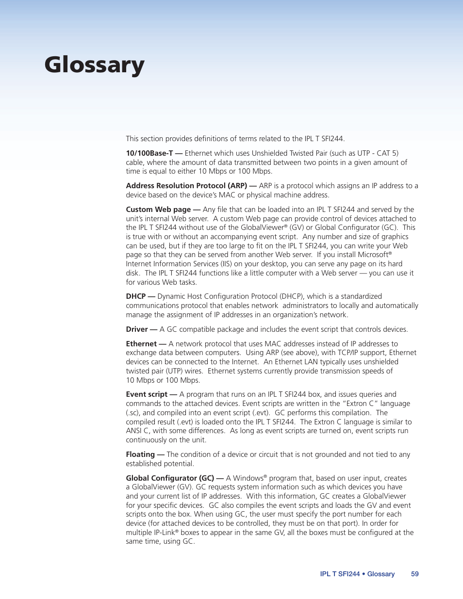 Glossary | Extron Electronics IPL T SFI244 User Manual | Page 65 / 68