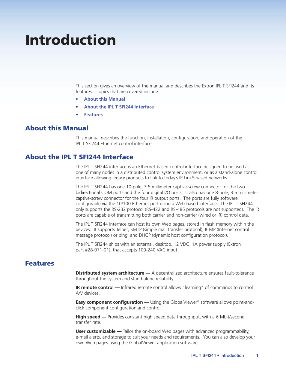 Introduction, About this manual, About the ipl t sfi244 interface | Features | Extron Electronics IPL T SFI244 User Manual | Page 7 / 68