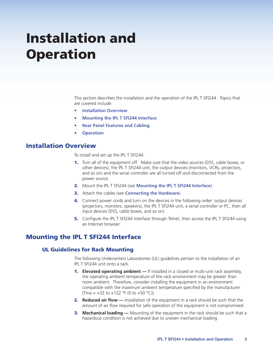 Installation and operation, Installation overview, Mounting the ipl t sfi244 interface | Ul guidelines for rack mounting | Extron Electronics IPL T SFI244 User Manual | Page 9 / 68