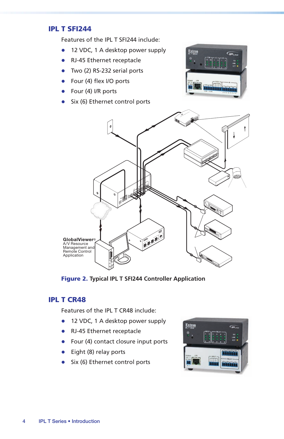 Ipl t sfi244, Ipl t cr48, Ipl t sfi244 ipl t cr48 | Features of the ipl t sfi244 include, 12 vdc, 1 a desktop power supply, Rj-45 ethernet receptacle, Two (2) rs-232 serial ports, Four (4) flex i/o ports, Four (4) i/r ports, Six (6) ethernet control ports | Extron Electronics IPL T Series Setup Guide User Manual | Page 10 / 29