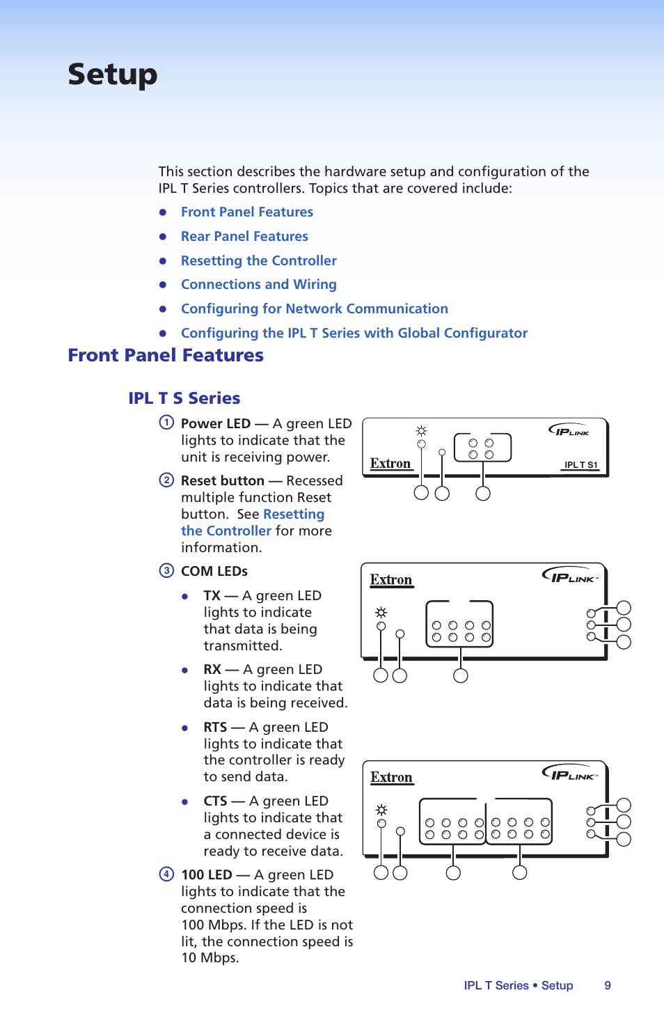 Setup, Front panel features, Ipl t s series | Rear panel features, Resetting the controller, Connections and wiring, Configuring for network communication, Com leds | Extron Electronics IPL T Series Setup Guide User Manual | Page 15 / 29