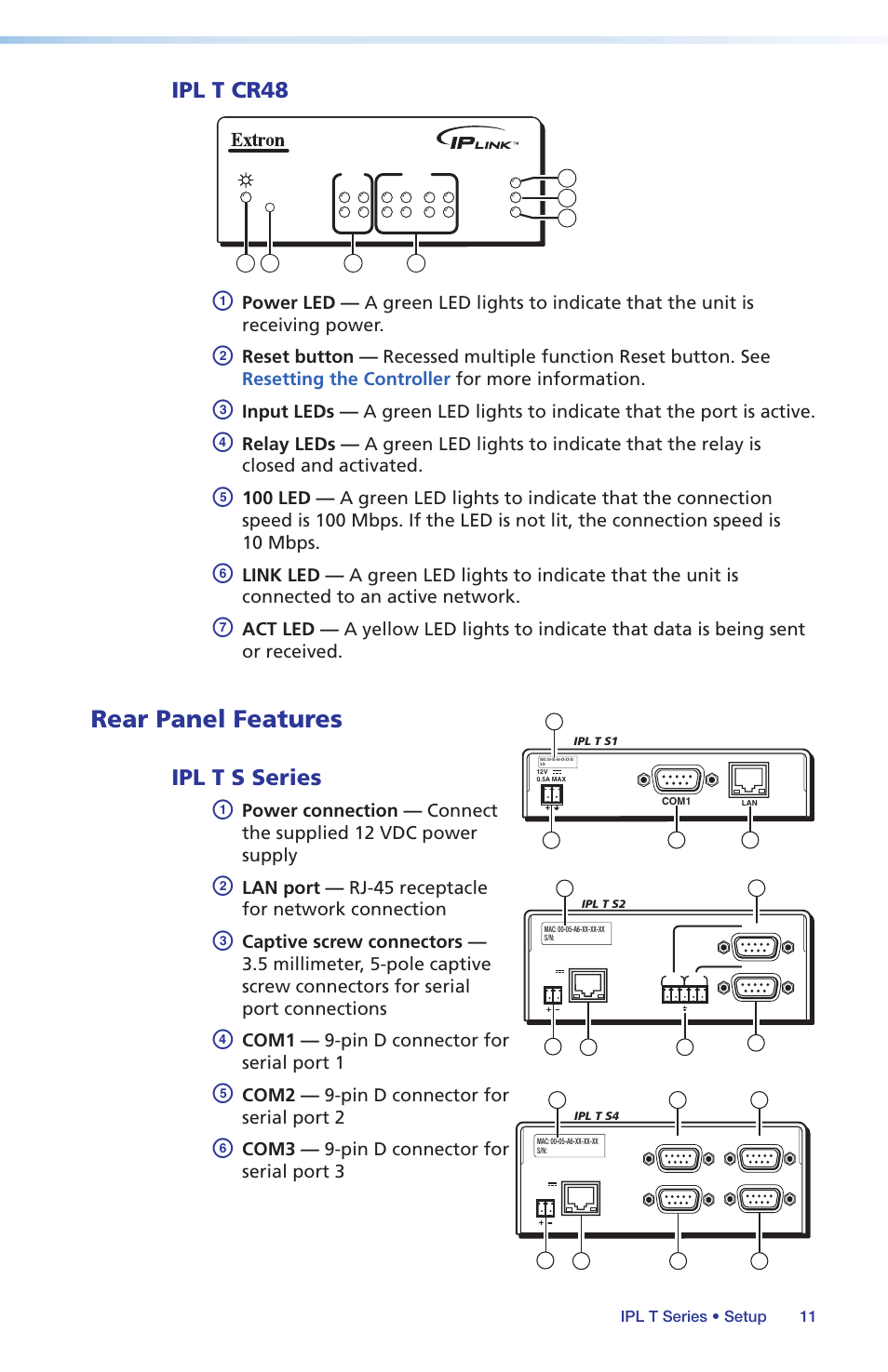 Ipl t cr48, Rear panel features, Ipl t s series | Lan port — rj-45 receptacle for network connection, Com1 — 9-pin d connector for serial port 1, Com2 — 9-pin d connector for serial port 2, Com3 — 9-pin d connector for serial port 3 | Extron Electronics IPL T Series Setup Guide User Manual | Page 17 / 29