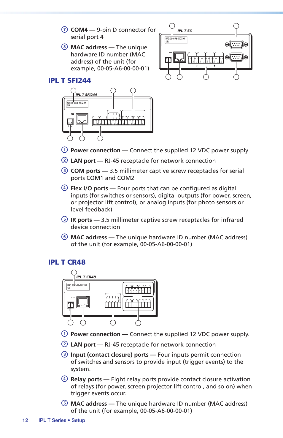 Ipl t sfi244, Ipl t cr48, Ipl t sfi244 ipl t cr48 | Lan port — rj-45 receptacle for network connection, Com4 — 9-pin d connector for serial port 4 | Extron Electronics IPL T Series Setup Guide User Manual | Page 18 / 29