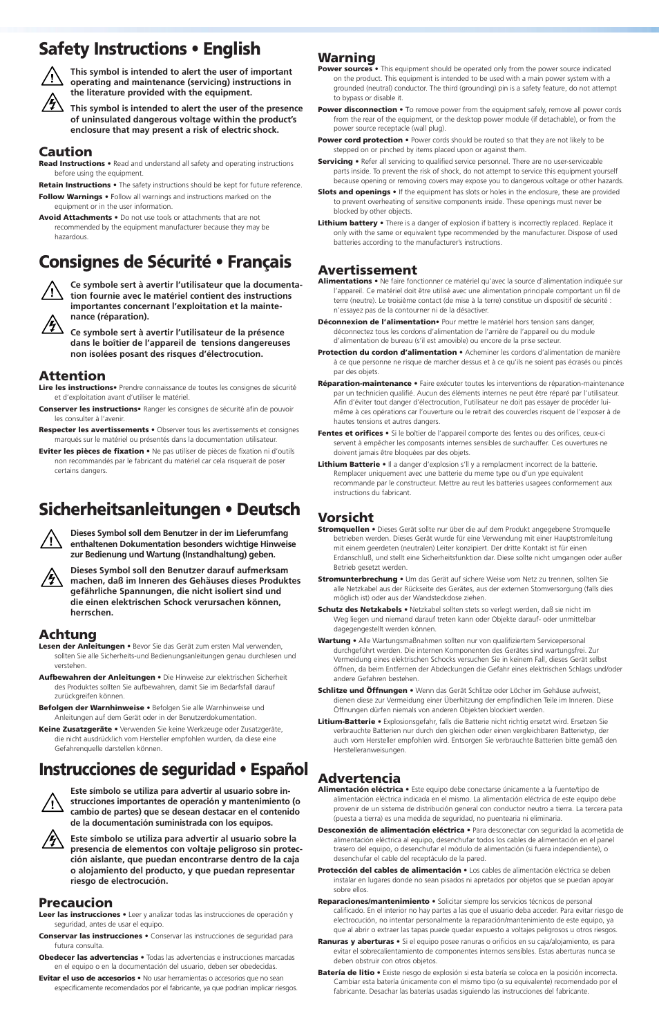 Safety instructions, Safety precautions, Safety instructions • english | Instrucciones de seguridad • español, Caution, Warning, Attention, Avertissement, Achtung, Vorsicht | Extron Electronics IPL T Series Setup Guide User Manual | Page 2 / 29
