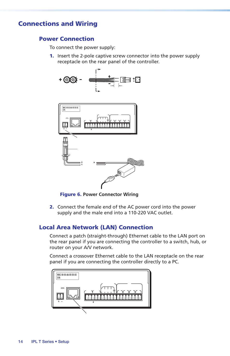 Connections and wiring, Power connection, Local area network (lan) connection | Power connection local area network (lan), Connection, 14 ipl t series • setup | Extron Electronics IPL T Series Setup Guide User Manual | Page 20 / 29