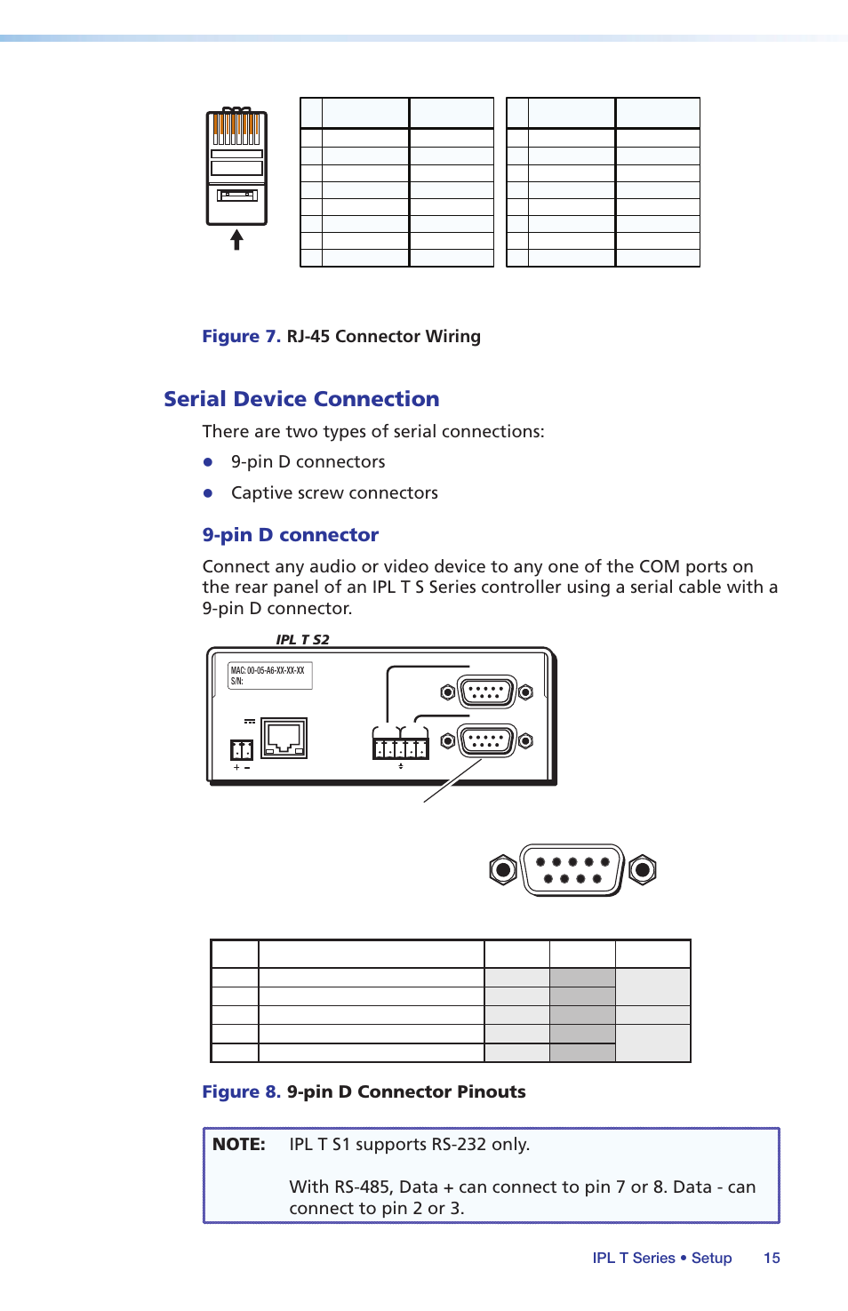 Serial device connection, Pin d connector, Figure 7. rj-45 connector wiring | There are two types of serial connections, Pin d connectors, Captive screw connectors | Extron Electronics IPL T Series Setup Guide User Manual | Page 21 / 29
