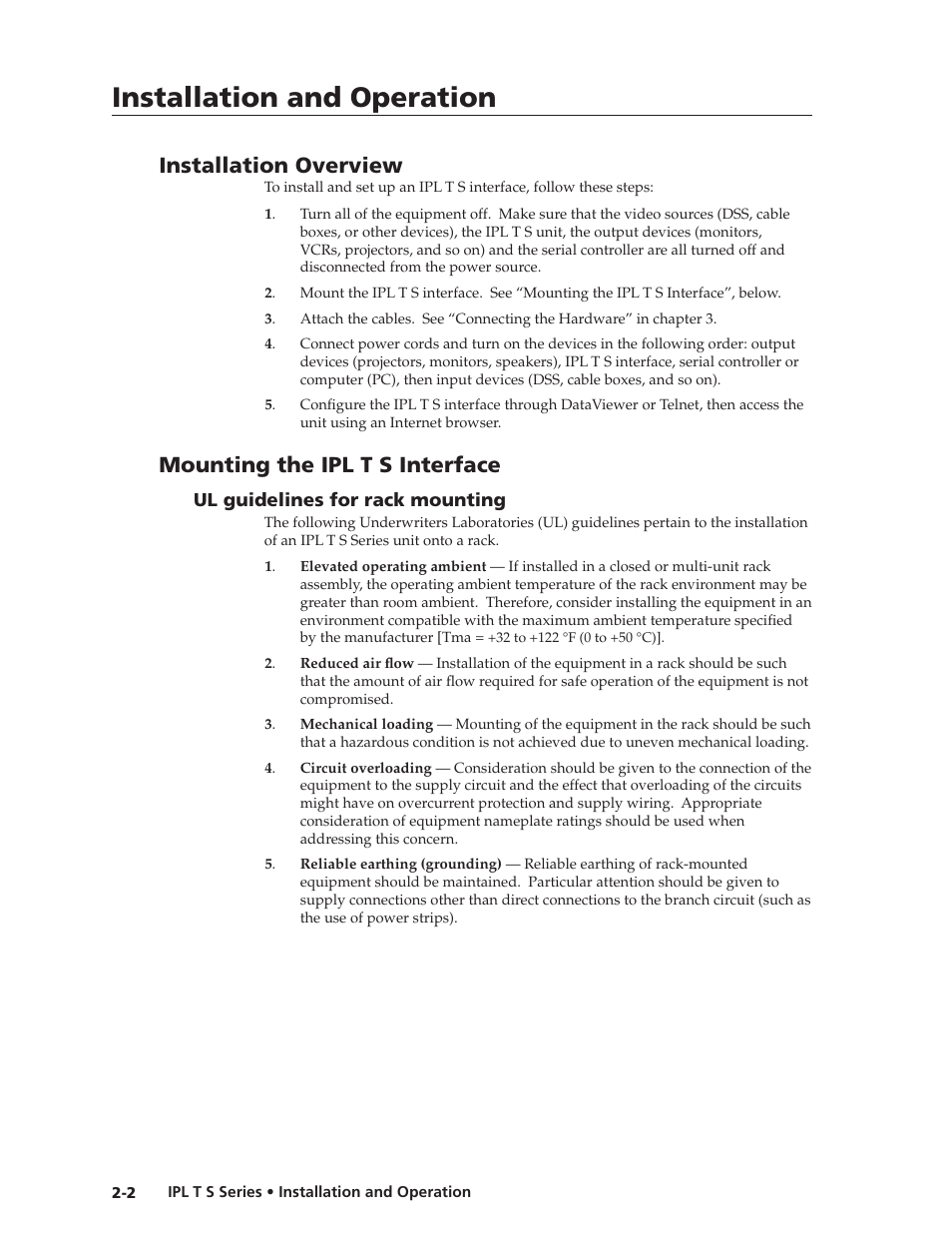 Installation overview, Mounting the ipl t s interface, Ul guidelines for rack mounting | Ul.guidelines.for.rack.mounting -2, Installation and operation | Extron Electronics IPL T S Series User Guide User Manual | Page 14 / 79