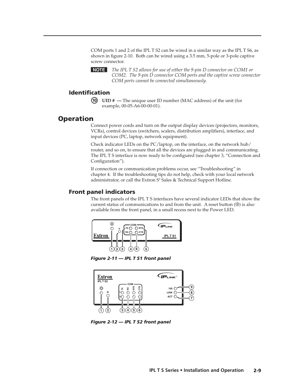 Identification, Operation, Front panel indicators | Identification -9, Front.panel.indicators -9 | Extron Electronics IPL T S Series User Guide User Manual | Page 21 / 79