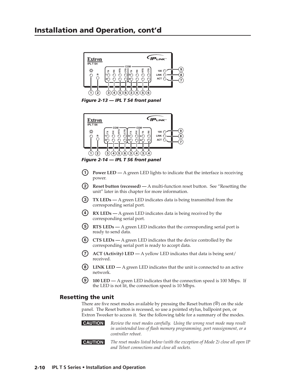 Resetting the unit, Resetting.the.unit -10, Installation and operation, cont’d | Extron Electronics IPL T S Series User Guide User Manual | Page 22 / 79