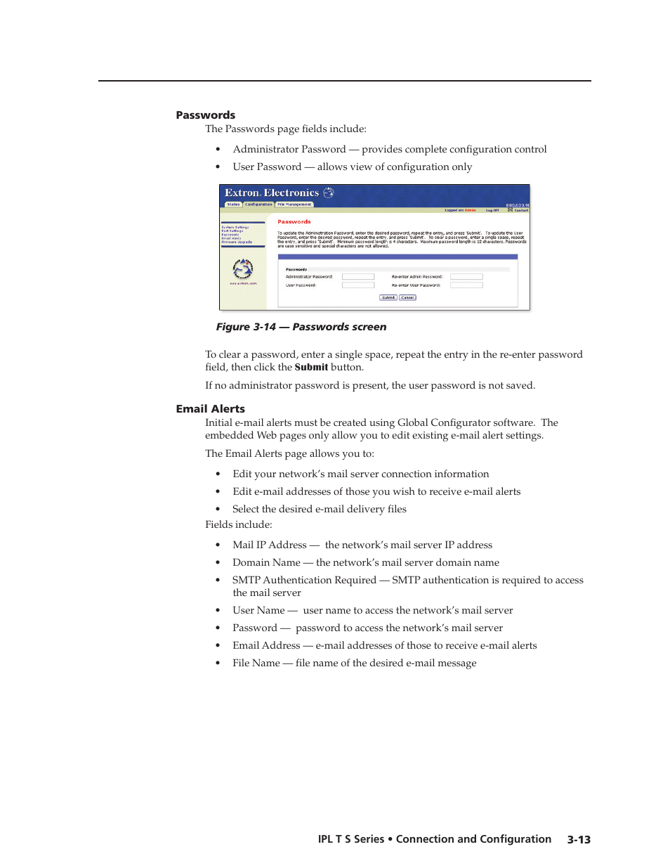 Passwords, Email alerts, Passwords -13 email.alerts -13 | Extron Electronics IPL T S Series User Guide User Manual | Page 37 / 79