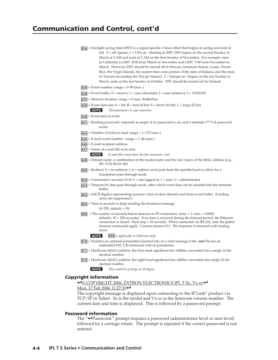 Copyright information, Password information, Copyright.information -4 password.information -4 | Communication and control, cont’d | Extron Electronics IPL T S Series User Guide User Manual | Page 44 / 79