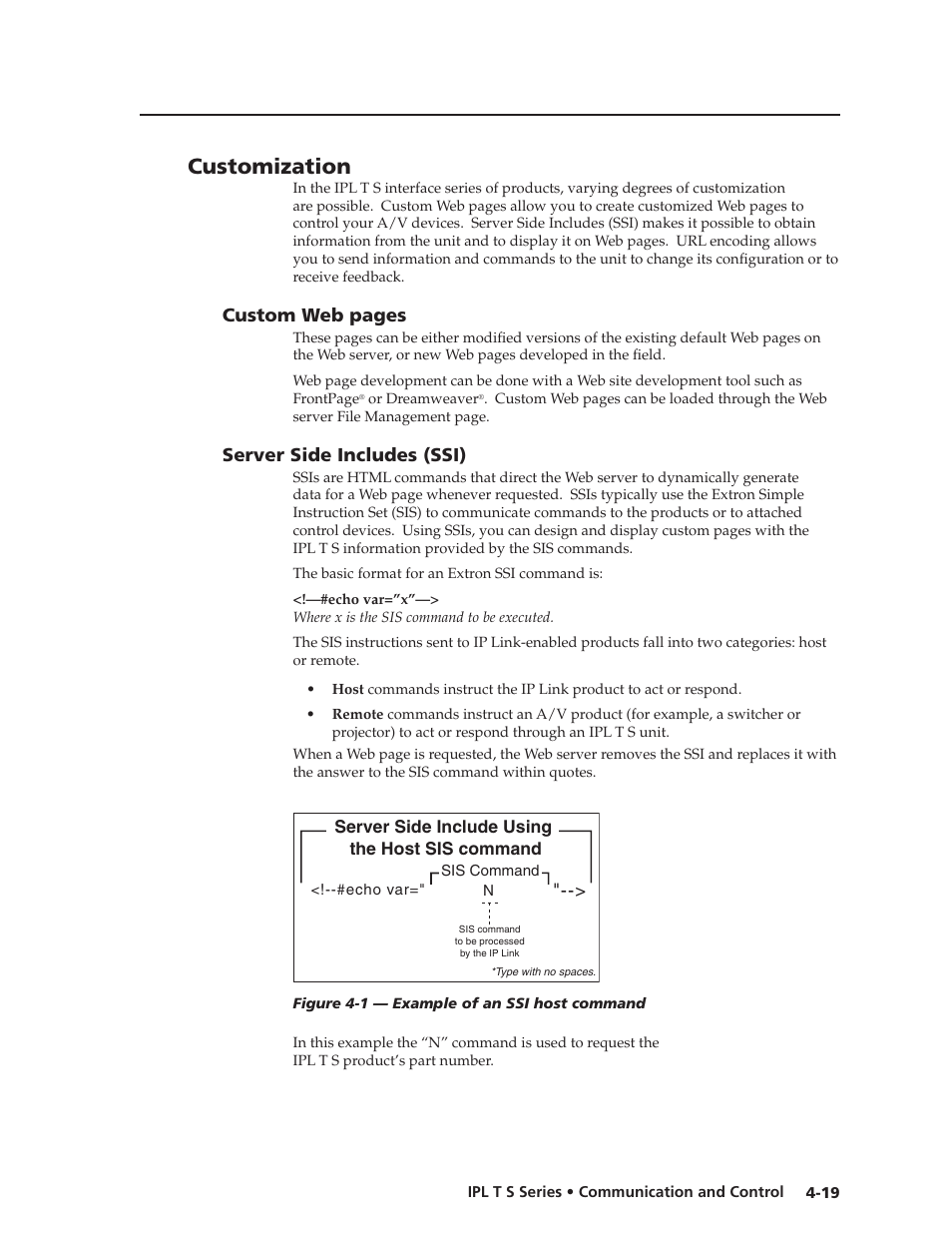 Customization, Server side includes (ssi), Custom web pages | Extron Electronics IPL T S Series User Guide User Manual | Page 59 / 79