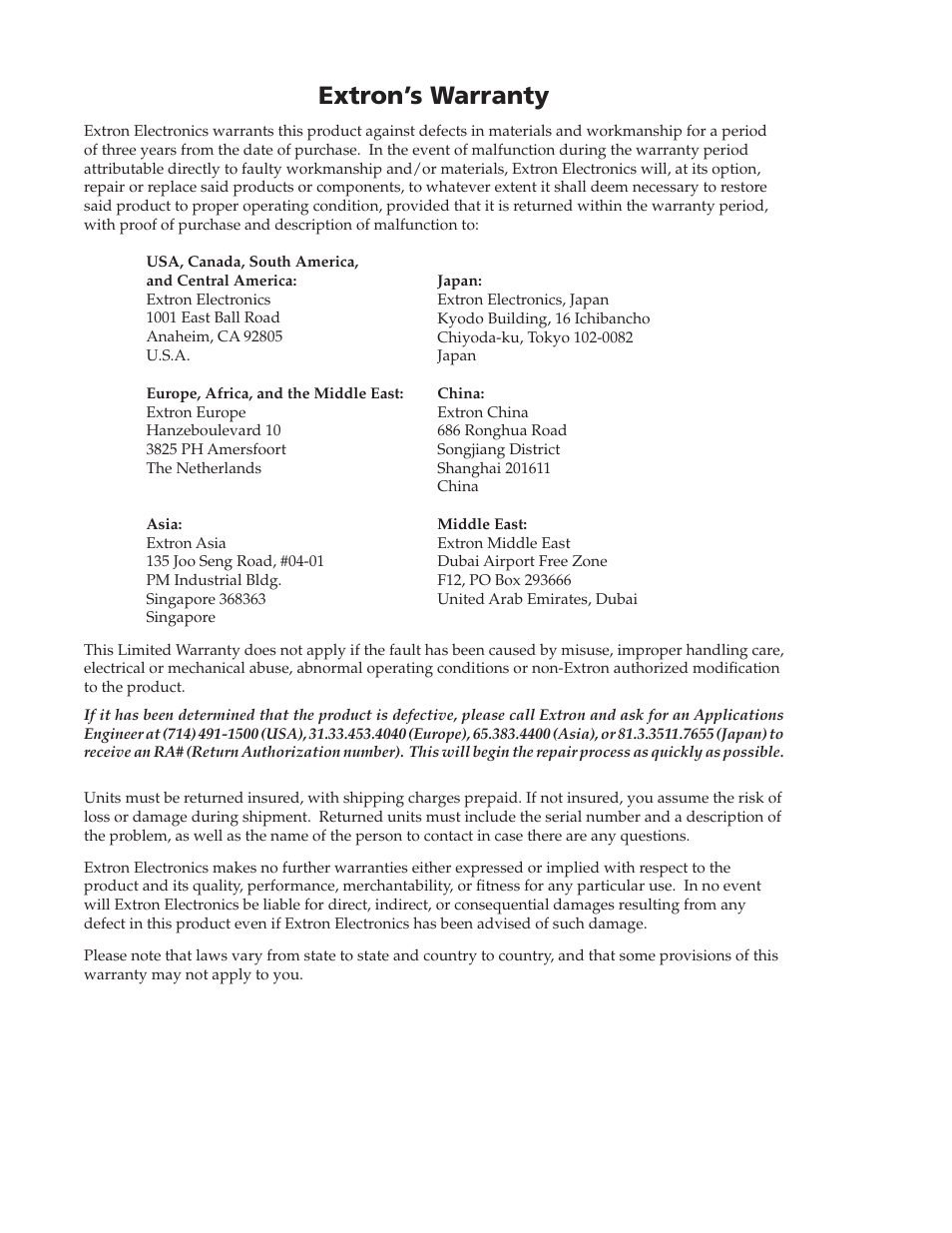 Extron’s warranty | Extron Electronics IPL T S Series User Guide User Manual | Page 78 / 79