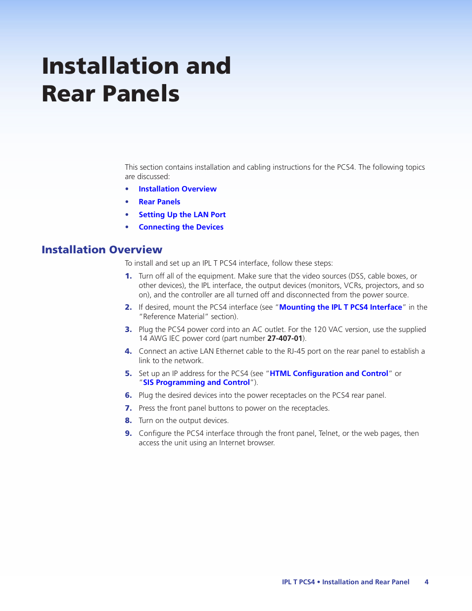 Installation and rear panels, Installation overview | Extron Electronics IPL T PCS4i User Manual | Page 10 / 69