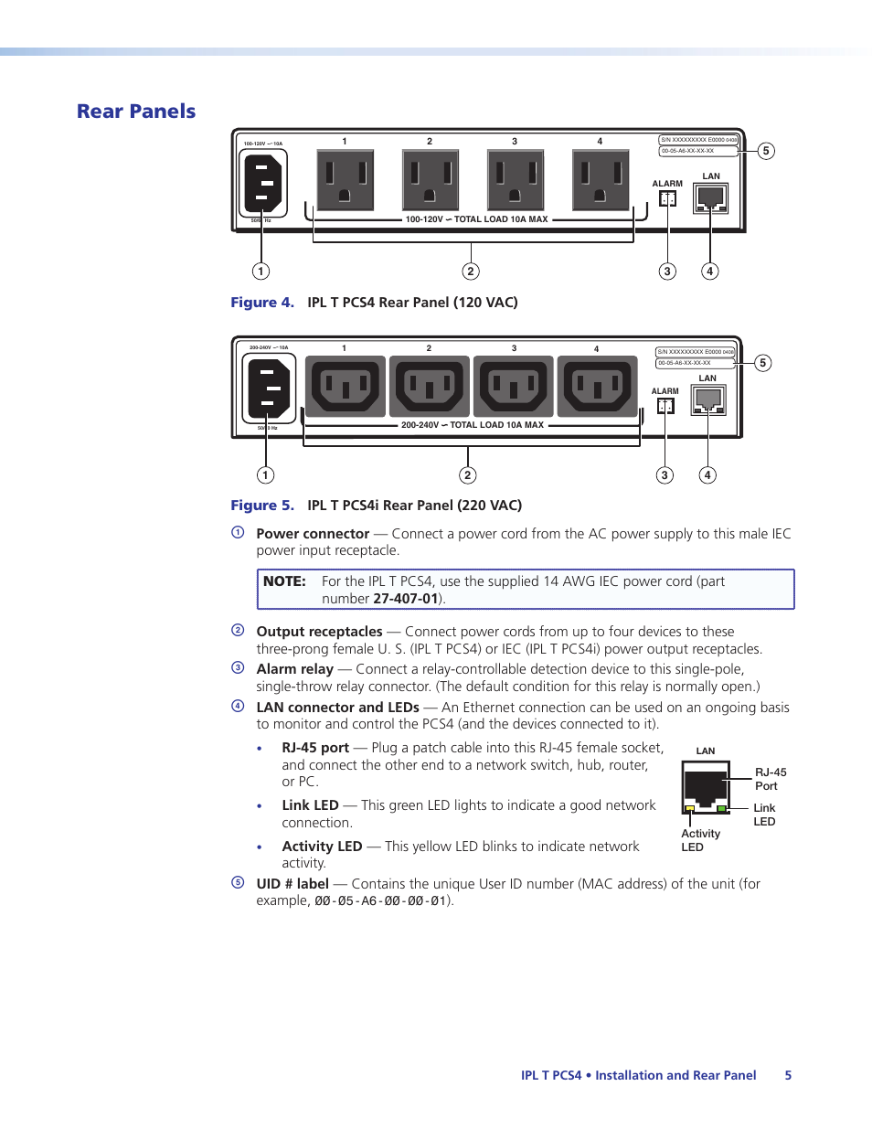 Rear panels | Extron Electronics IPL T PCS4i User Manual | Page 11 / 69