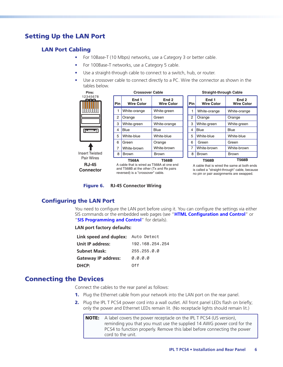 Setting up the lan port, Lan port cabling, Configuring the lan port | Connecting the devices, Lan port cabling configuring the lan port | Extron Electronics IPL T PCS4i User Manual | Page 12 / 69