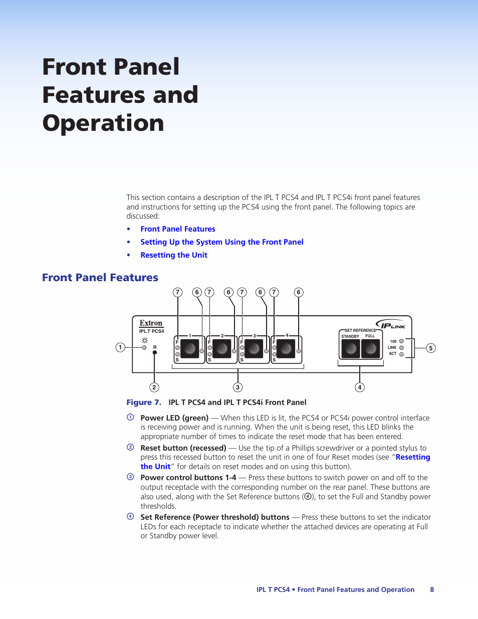 Front panel features and operation, Front panel features | Extron Electronics IPL T PCS4i User Manual | Page 14 / 69
