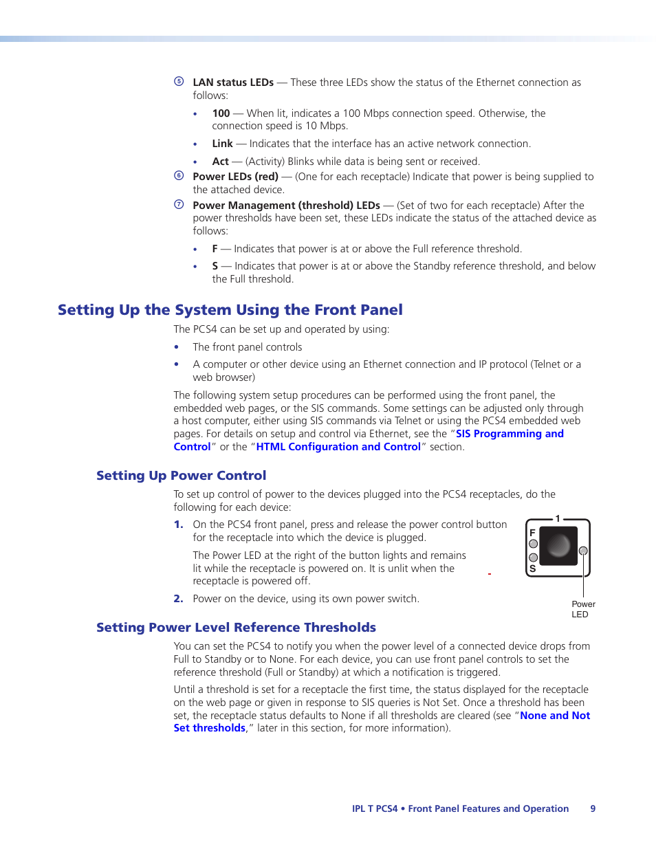 Setting up the system using the front panel, Setting up power control, Setting power level reference thresholds | Extron Electronics IPL T PCS4i User Manual | Page 15 / 69