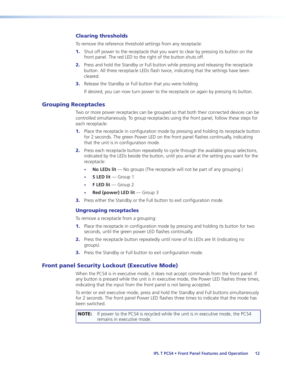 Grouping receptacles, Front panel security lockout (executive mode), Grouping receptacles front panel security lockout | Executive mode) | Extron Electronics IPL T PCS4i User Manual | Page 18 / 69