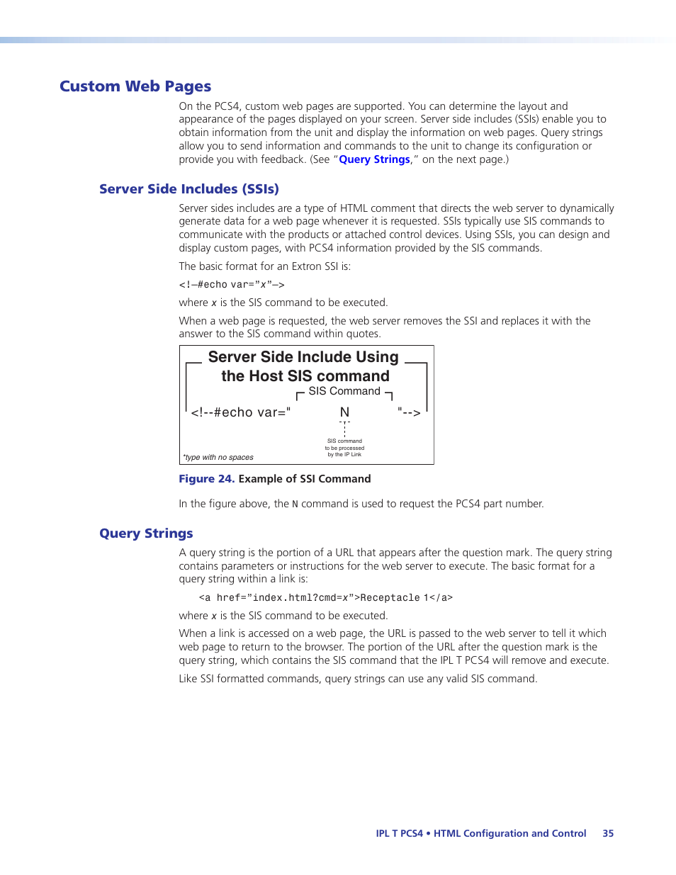 Server side includes (ssis), Query strings, Server side includes (ssis) query strings | Custom web pages, Server side include using the host sis command | Extron Electronics IPL T PCS4i User Manual | Page 41 / 69
