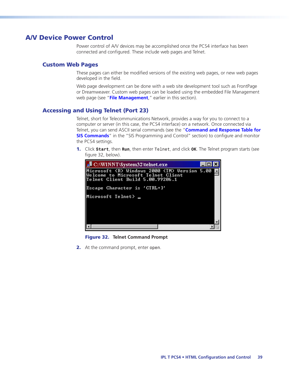 A/v device power control, Accessing and using telnet (port 23) | Extron Electronics IPL T PCS4i User Manual | Page 45 / 69