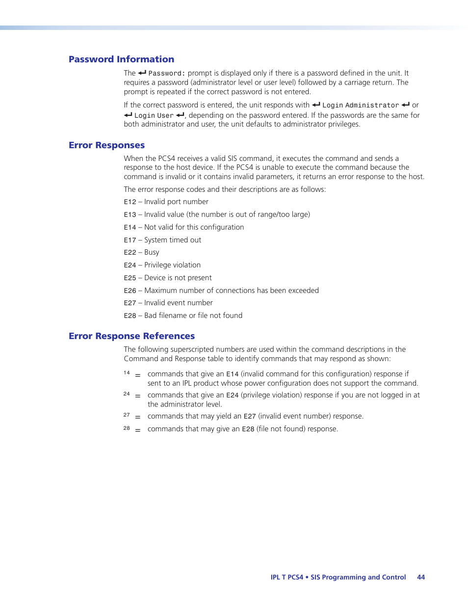Password information, Error responses, Error response references | Extron Electronics IPL T PCS4i User Manual | Page 50 / 69