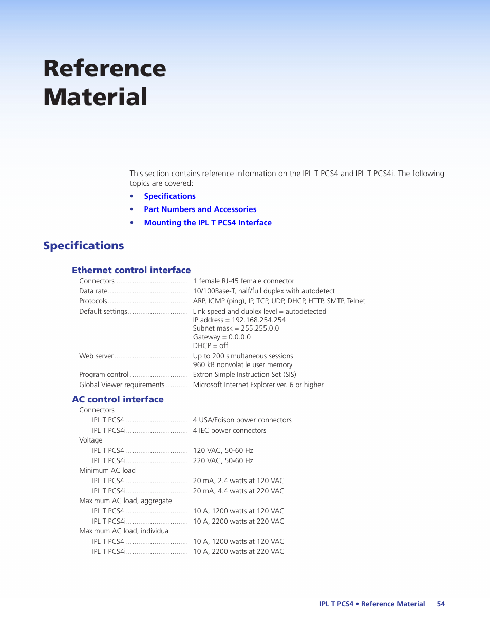 Reference material, Specifications | Extron Electronics IPL T PCS4i User Manual | Page 60 / 69