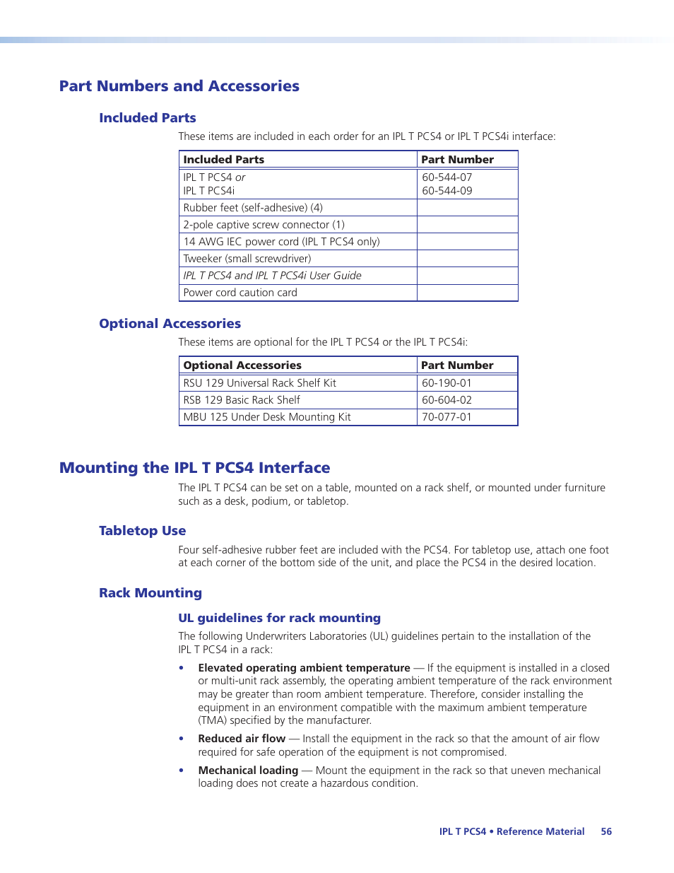 Part numbers and accessories, Included parts, Optional accessories | Mounting the ipl t pcs4 interface, Tabletop use, Rack mounting, Included parts optional accessories, Tabletop use rack mounting, Ed separately (see, Optional | Extron Electronics IPL T PCS4i User Manual | Page 62 / 69