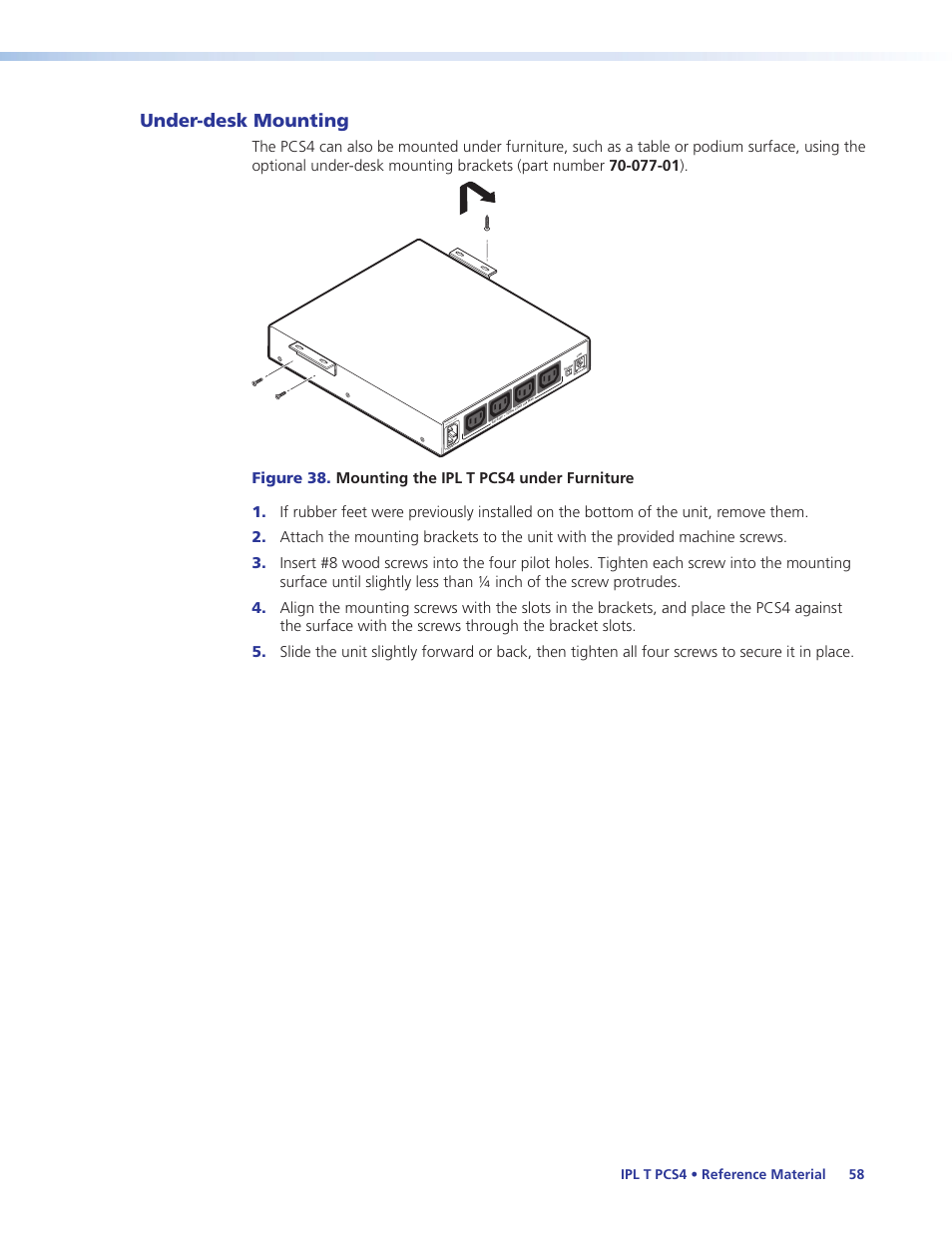 Under-desk mounting, Ipl t pcs4 • reference material 58 | Extron Electronics IPL T PCS4i User Manual | Page 64 / 69