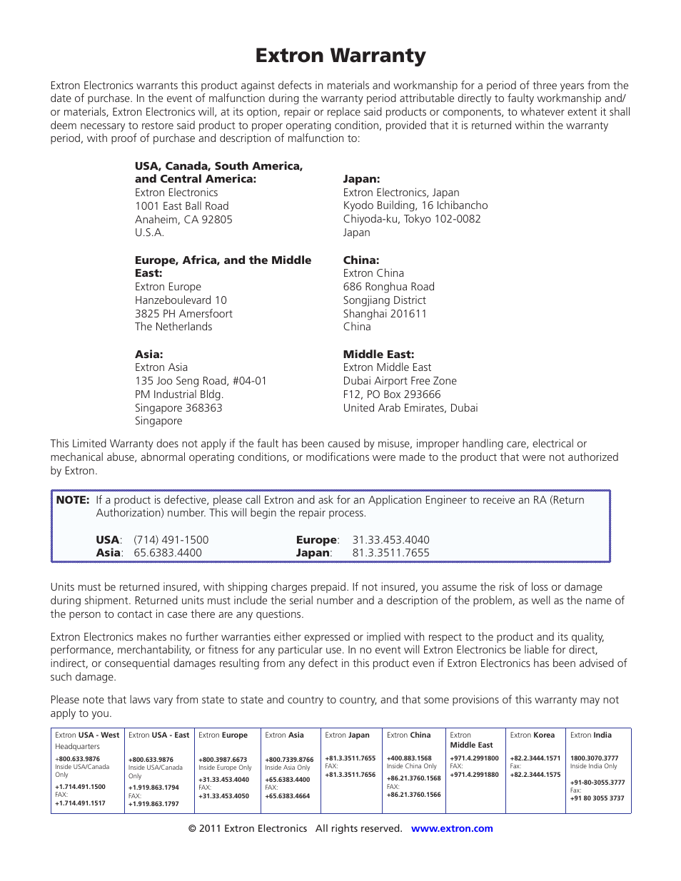 Contacts and warranty, Extron warranty | Extron Electronics IPL T PCS4i User Manual | Page 69 / 69