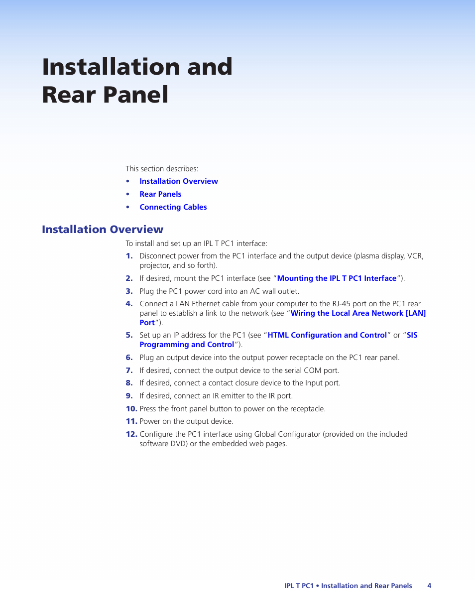 Installation and rear panel, Installation overview | Extron Electronics IPL T PC1i User Guide User Manual | Page 10 / 78